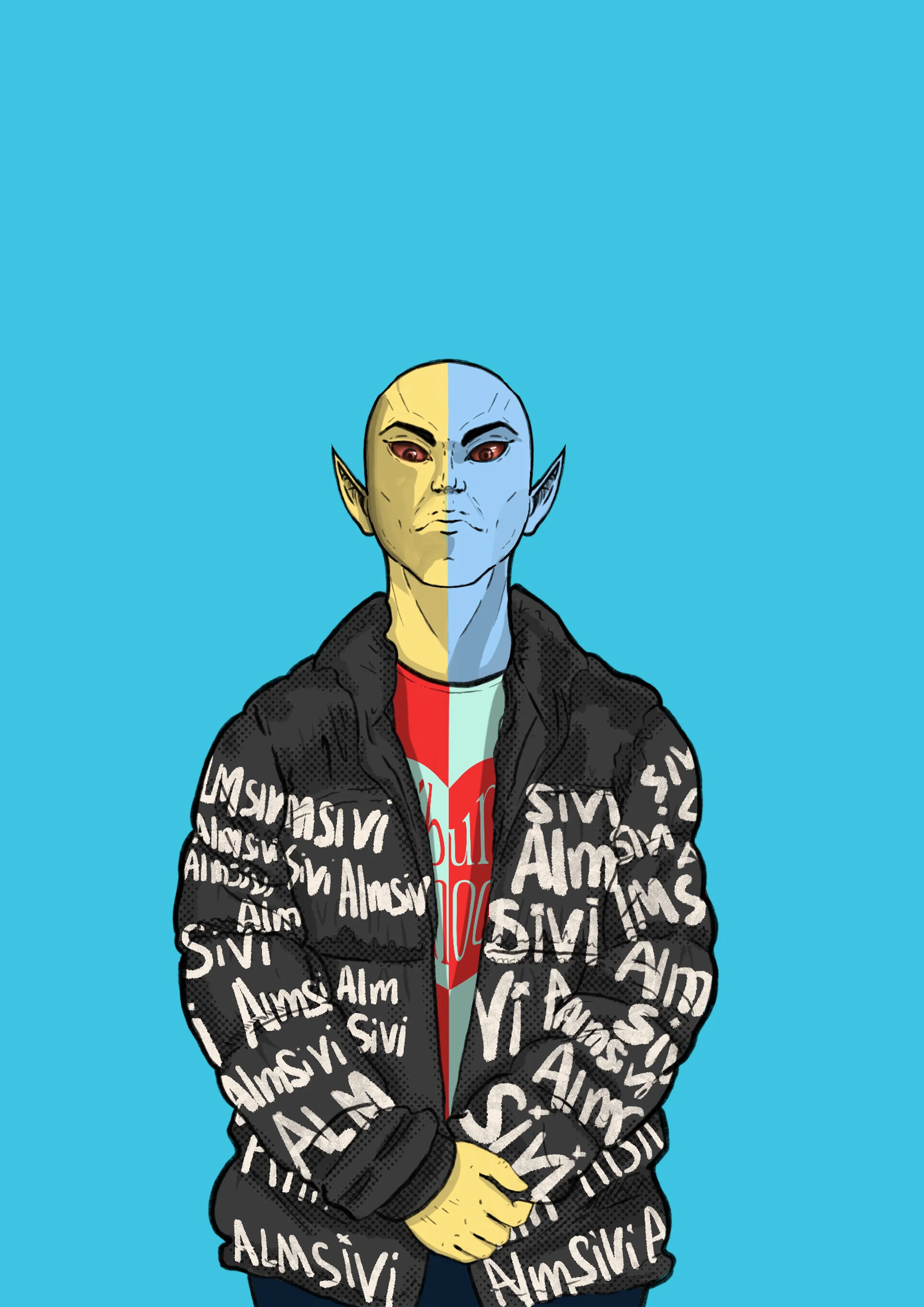 art of Vivec from The Elder Scrolls dressed up in modern street wear as a meme